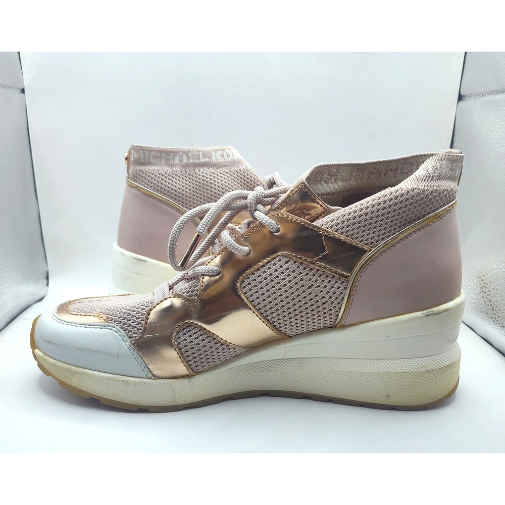 Michael Kors Markie Bootie Pink Sneakers Rose Gold Shoes Size 9.5 Stretch Knit - Picture 5 of 16